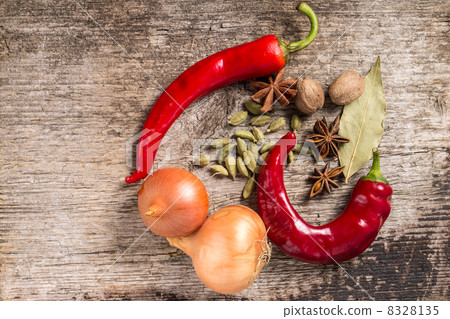 Rustic background of Spices on wooden plank 8328135