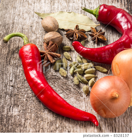 Rustic background of Spices on wooden plank Rustic background of Spices on wooden plank 8328137