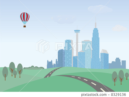 Landscape. Green hills and cityscape 8329136