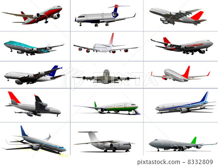 Big set of passenger planes. Taking off. Landing. On the air fie 8332809