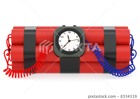 Time bomb with dynamite and clock detonator on white 8334319