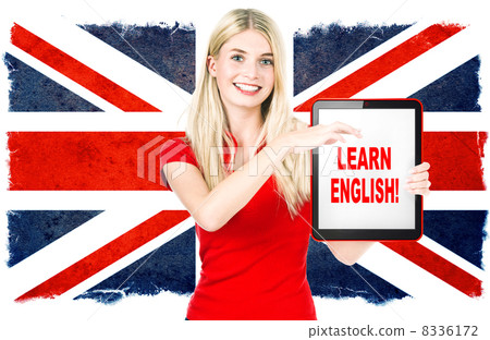 young woman holding tablet pc. english learning concept 8336172