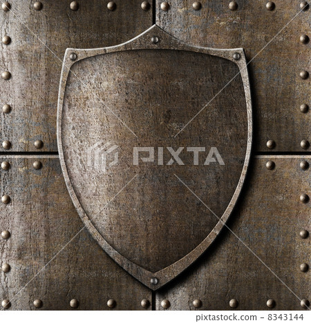 old metal shield over armour background with rivets 8343144