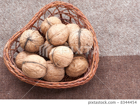 Walnuts in the old wicker basket on burlap Walnuts in the old wicker basket on burlap 8344454