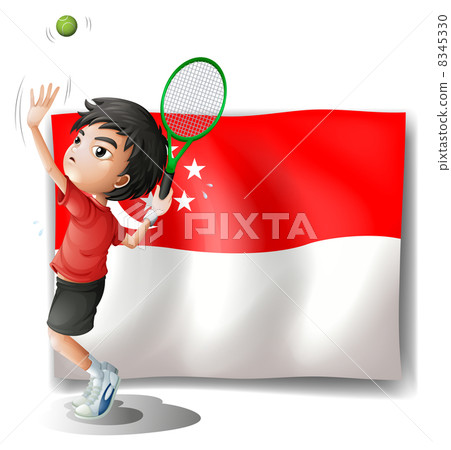 A boy playing tennis in front of the flag of Singapore A boy playing tennis in front of the flag of Singapore 8345330
