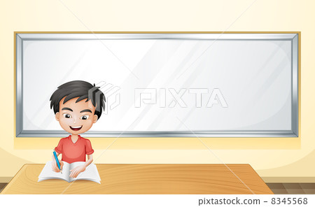 A boy writing on a paper with a blank board A boy writing on a paper with a blank board 8345568