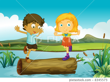A girl and a boy above a trunk floating A girl and a boy above a trunk floating 8345573