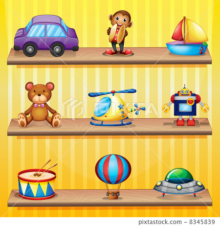 Different toys arranged at the wooden shelves Different toys arranged at the wooden shelves 8345839