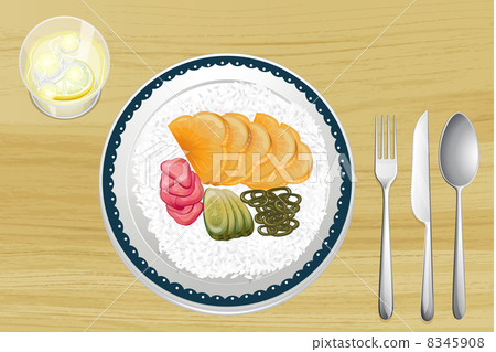 Garnished rice with fruit slices in dish 8345908