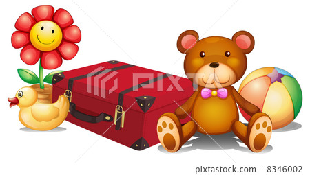 A red bag surrounded with toys 8346002