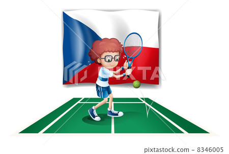 A boy playing tennis in front of the Czech Republic flag 8346005