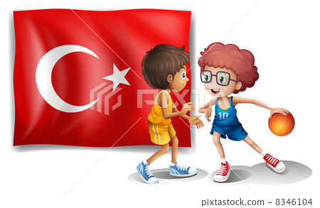 Two boys playing basketball in front of the flag of Turkey Two boys playing basketball in front of the flag of Turkey 8346104