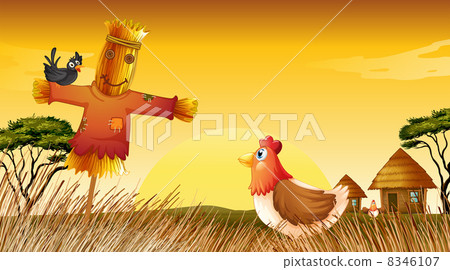 A chicken with a scarecrow and a black bird at the field A chicken with a scarecrow and a black bird at the field 8346107