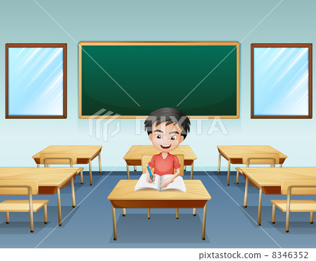 A boy inside a classroom with an empty board at the back 8346352