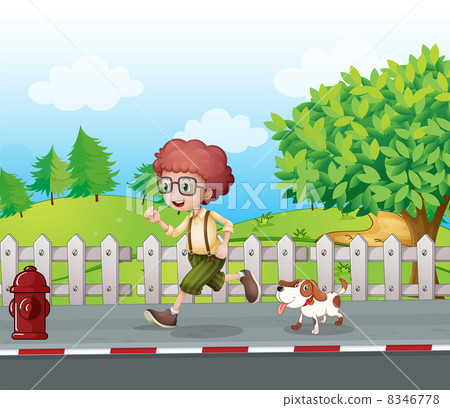 A boy running along the road with his pet A boy running along the road with his pet 8346778
