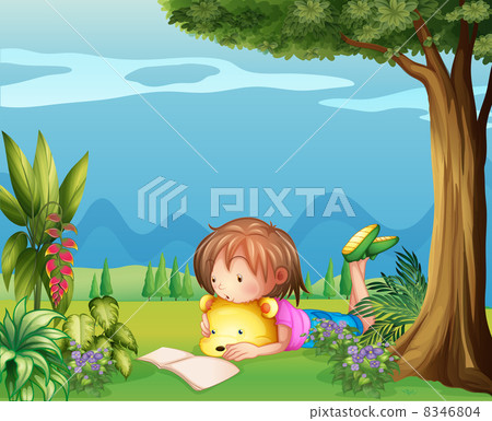 A girl with a bear reading a book A girl with a bear reading a book 8346804