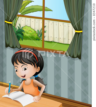 A girl with a headband writing 8347210