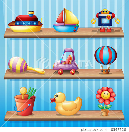 Three wooden shelves with different toys Three wooden shelves with different toys 8347528