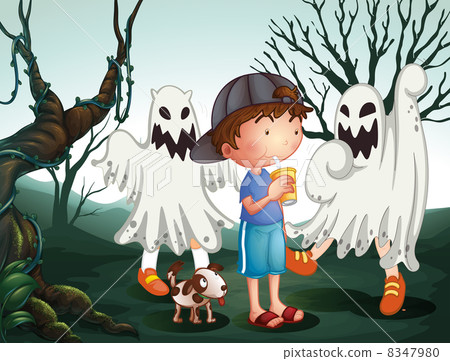 A boy and his pet at the graveyard with ghosts 8347980