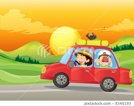 A girl and a boy riding in a red car 8348193