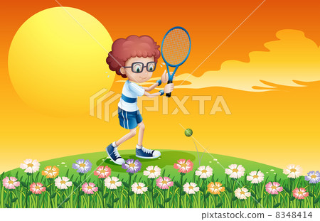 A boy playing tennis at the hill A boy playing tennis at the hill 8348414