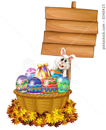 A bunny and a basket with eggs near a signage A bunny and a basket with eggs near a signage 8348415