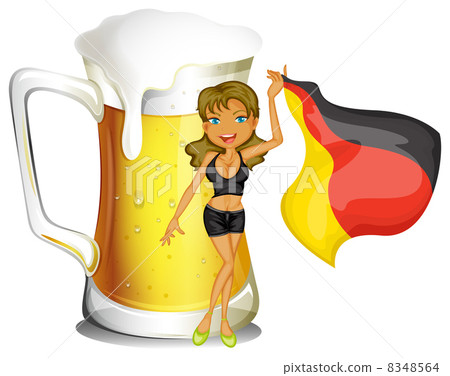 A big mug of beer at the back of a lady holding the flag of Germ 8348564