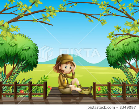 A girl sitting at the wooden bridge 8349097