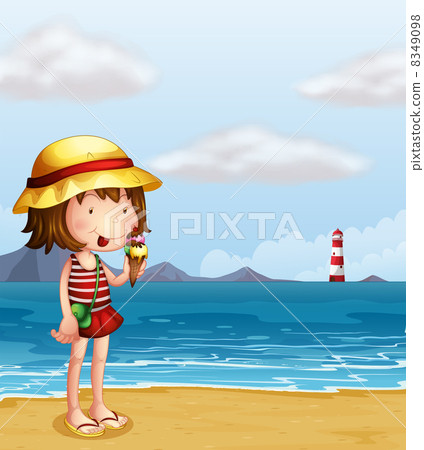 A young girl eating an icecream at the seashore 8349098