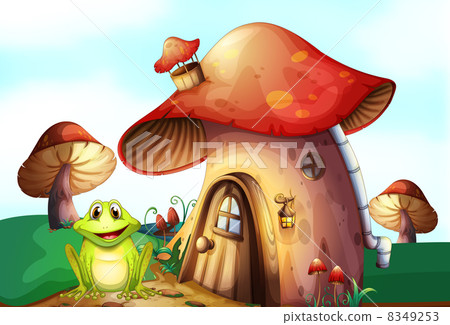 A green frog near a mushroom house A green frog near a mushroom house 8349253