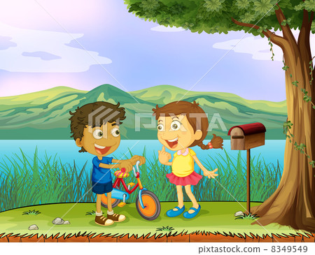 A young boy holding a bike and a girl near a wooden mailbox 8349549