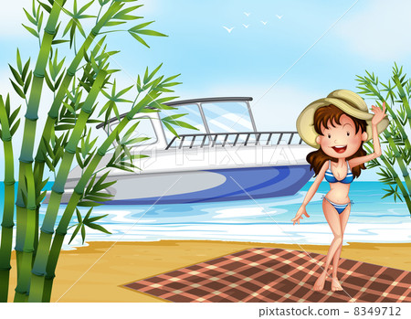 A girl at the beach with a blanket 8349712