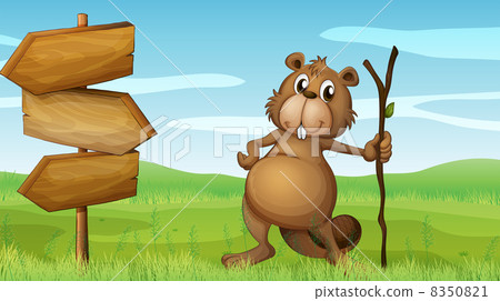 A beaver holding a wood beside a wooden signboard 8350821