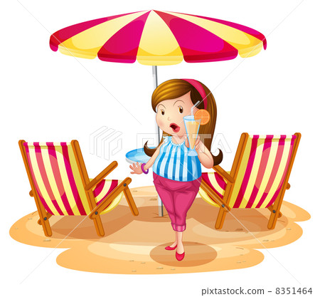 A fat girl holding a juice near the beach umbrella with chairs 8351464