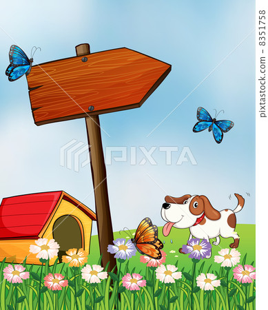 A dog with a doghouse beside an arrowboard 8351758