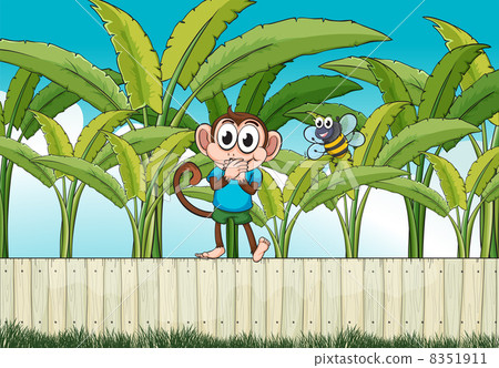 A monkey and a bee near the banana plants 8351911