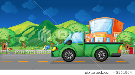 A green truck near the school 8351964