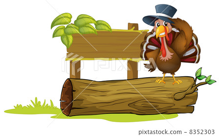 A turkey above a trunk beside an empty signboard 8352303