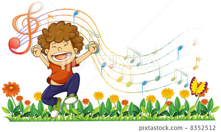 A boy singing out loud with musical notes 8352512