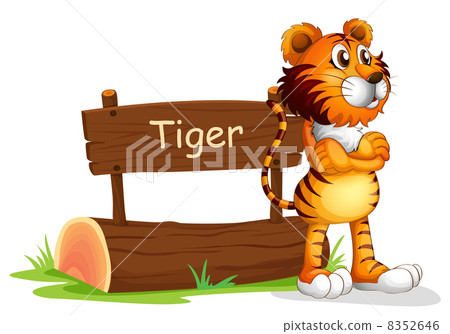 A tiger beside a wooden signboard 8352646