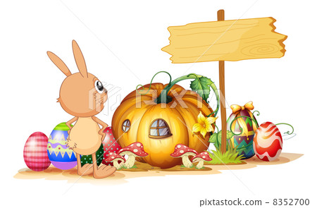 A rabbit, easter eggs, a pumpkin and an empty signboard A rabbit, easter eggs, a pumpkin and an empty signboard 8352700