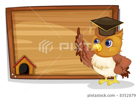 An owl wearing a graduation cap beside a wooden board 8352879