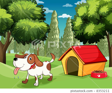 A dog with a doghouse and a dogfood near the trees 8353211