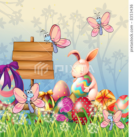 The bunny and the butterflies in the garden with Easter eggs The bunny and the butterflies in the garden with Easter eggs 8353436