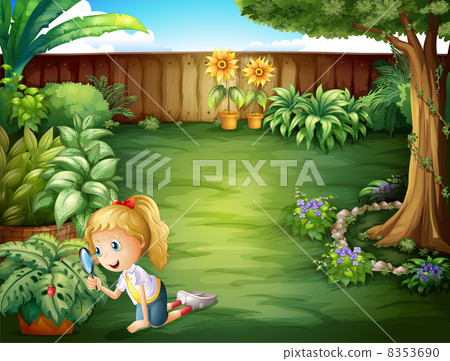 A girl studying the plants in the garden A girl studying the plants in the garden 8353690
