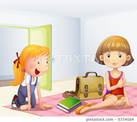 The two girls inside a room with books The two girls inside a room with books 8354084