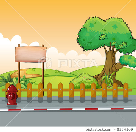 A wooden signboard and a big tree A wooden signboard and a big tree 8354109