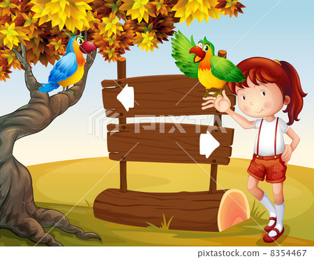 A young girl and her parrots beside the signboard 8354467