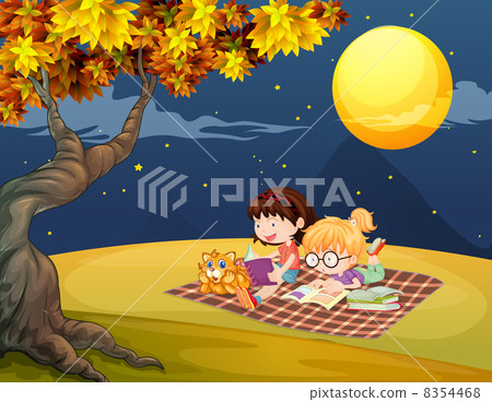 Girls reading under the bright full moon 8354468