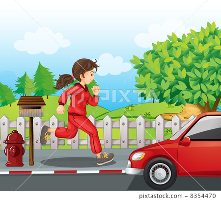 A girl in a red jacket and pants running A girl in a red jacket and pants running 8354470